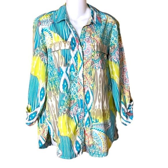 NWOT Chico's Multi Color Paisley Button Down Collared Shirt 3/4 Sleeve Cotton - Picture 1 of 11